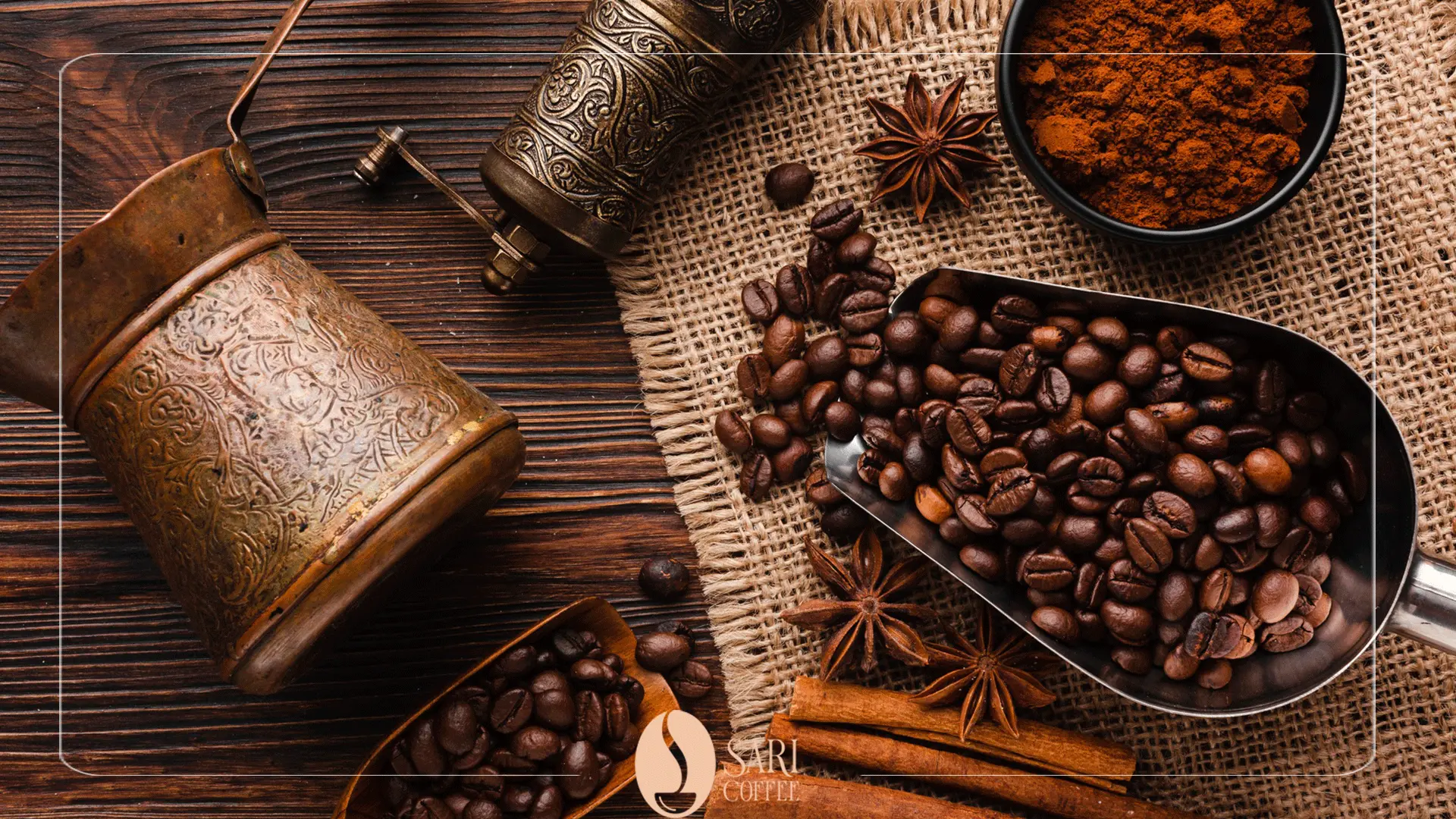 Sari coffee tradition tools, beans and cinnamon