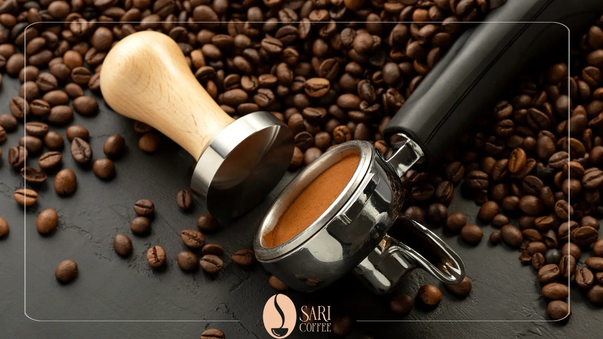 Sari coffee portafilter, tamper and beans